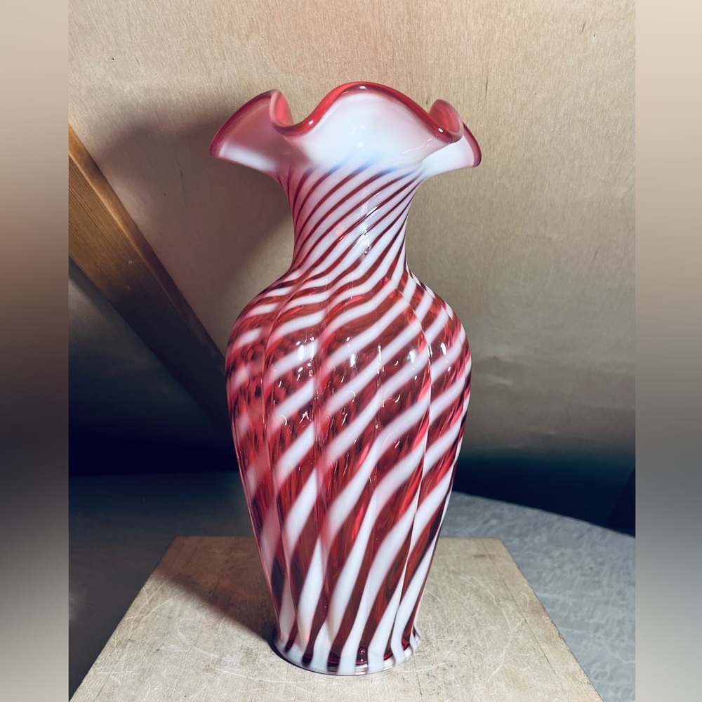 Sold!! Vintage Fenton Cranberry Spiral Opalescent 11.25” Melon Vase - Picture 1 of 7